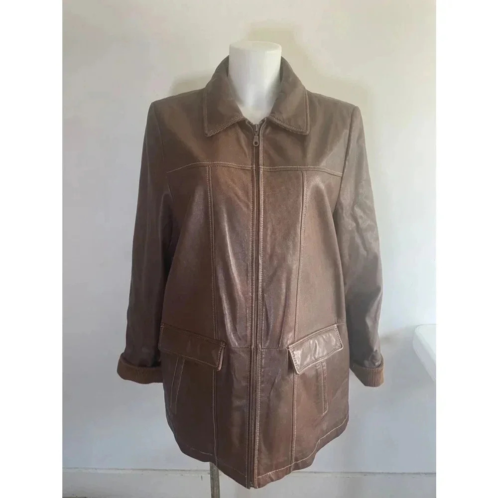 Vintage Women's Wilson's Leather Jacket Coat XL Brown Corduroy Cuffs Excellent!